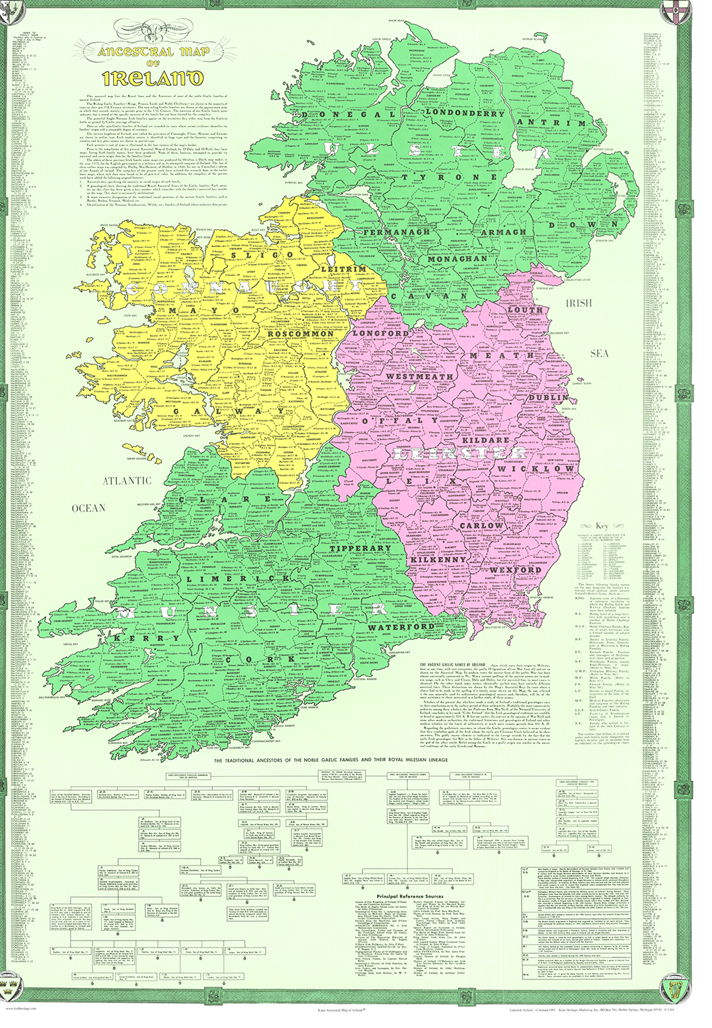 The Kane Ancestral Map of Ireland showing counties, baronies, family names, royal lines, and reference keys