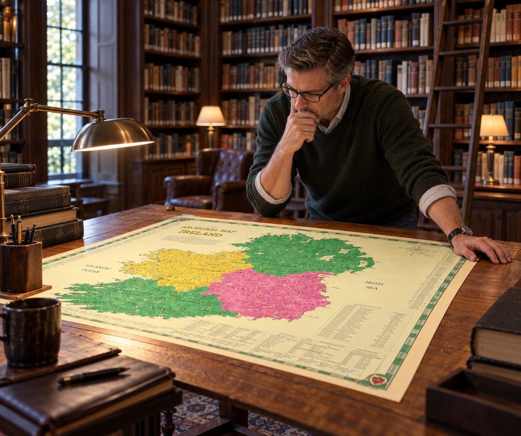 A researcher studying the Kane Ancestral Map of Ireland spread across a library table