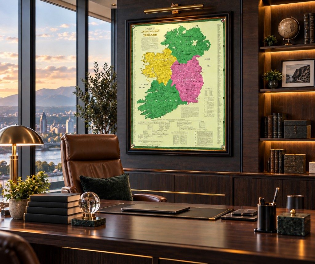 The Kane Ancestral Map of Ireland framed on the wall of a private office