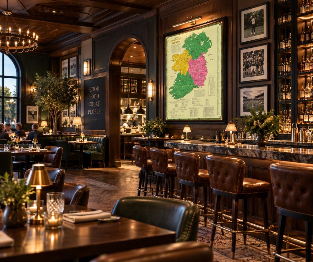The Kane Ancestral Map of Ireland displayed in a restaurant dining room
